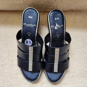 Contesa Italian Leather Blue Sandles with Wedge Heel and Rhinestones Size 8.5